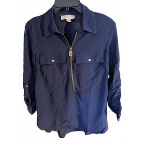 Michael Kors Navy Blue Long Sleeve Zip Front Blouse Shirt Medium